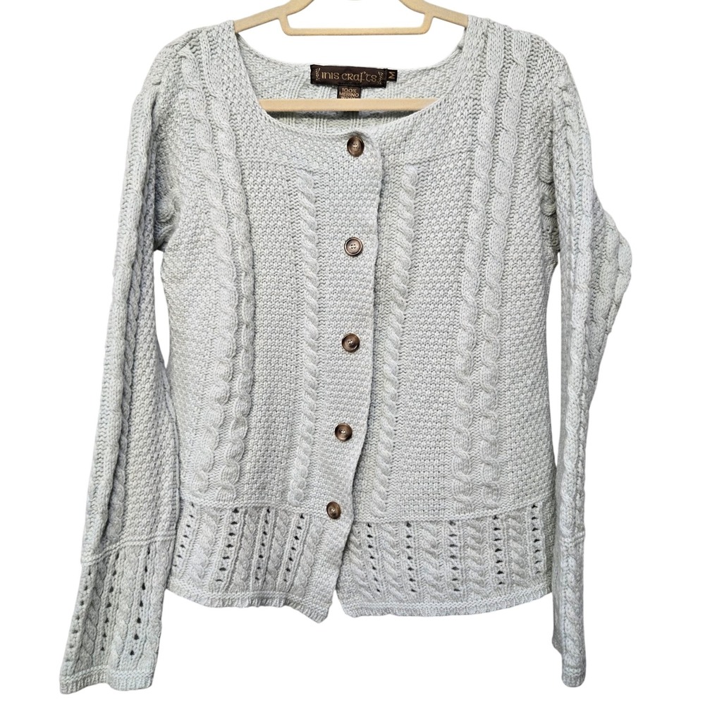 Inis Crafts Cardigan Sweater Medium Green 100% Merino‎ Wool Cable Knit Fisherman